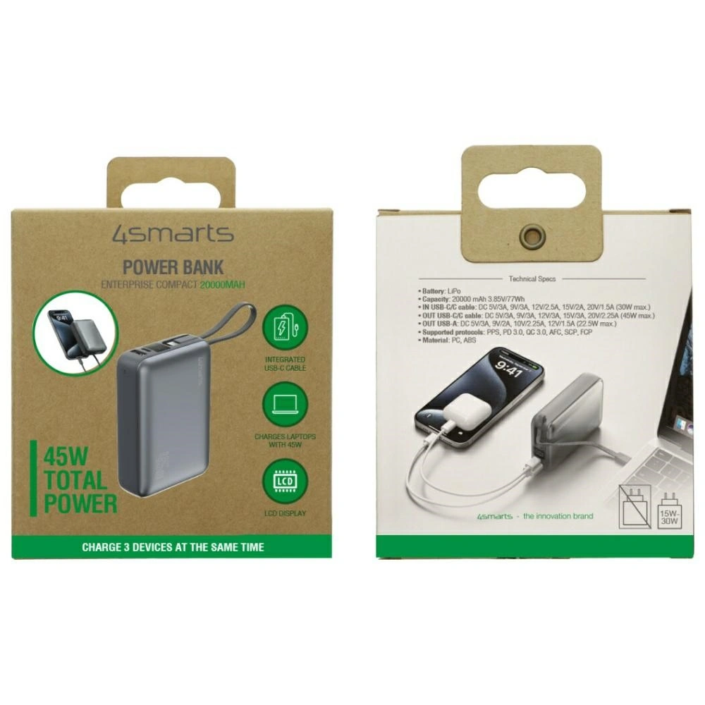 4smarts Enterprise Compact Power Bank 20000mAh 45W USB-A, 2xUSB-C + built-in USB-C cable gray