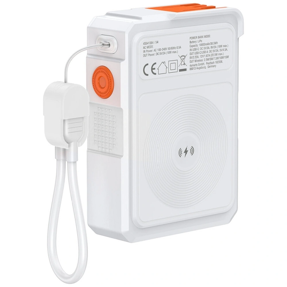 4smarts hybrid charger 6in1 USB-C / USB-A PD 22.5W with a 10000mAh power bank, Qi wireless charging, white USB-C cable