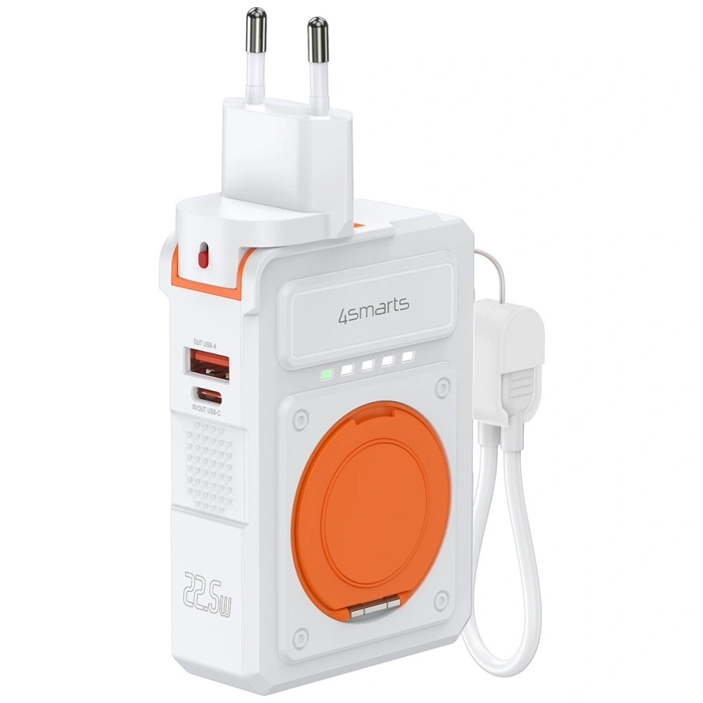 4smarts hybrid charger 6in1 USB-C / USB-A PD 22.5W with a 10000mAh power bank, Qi wireless charging, white USB-C cable