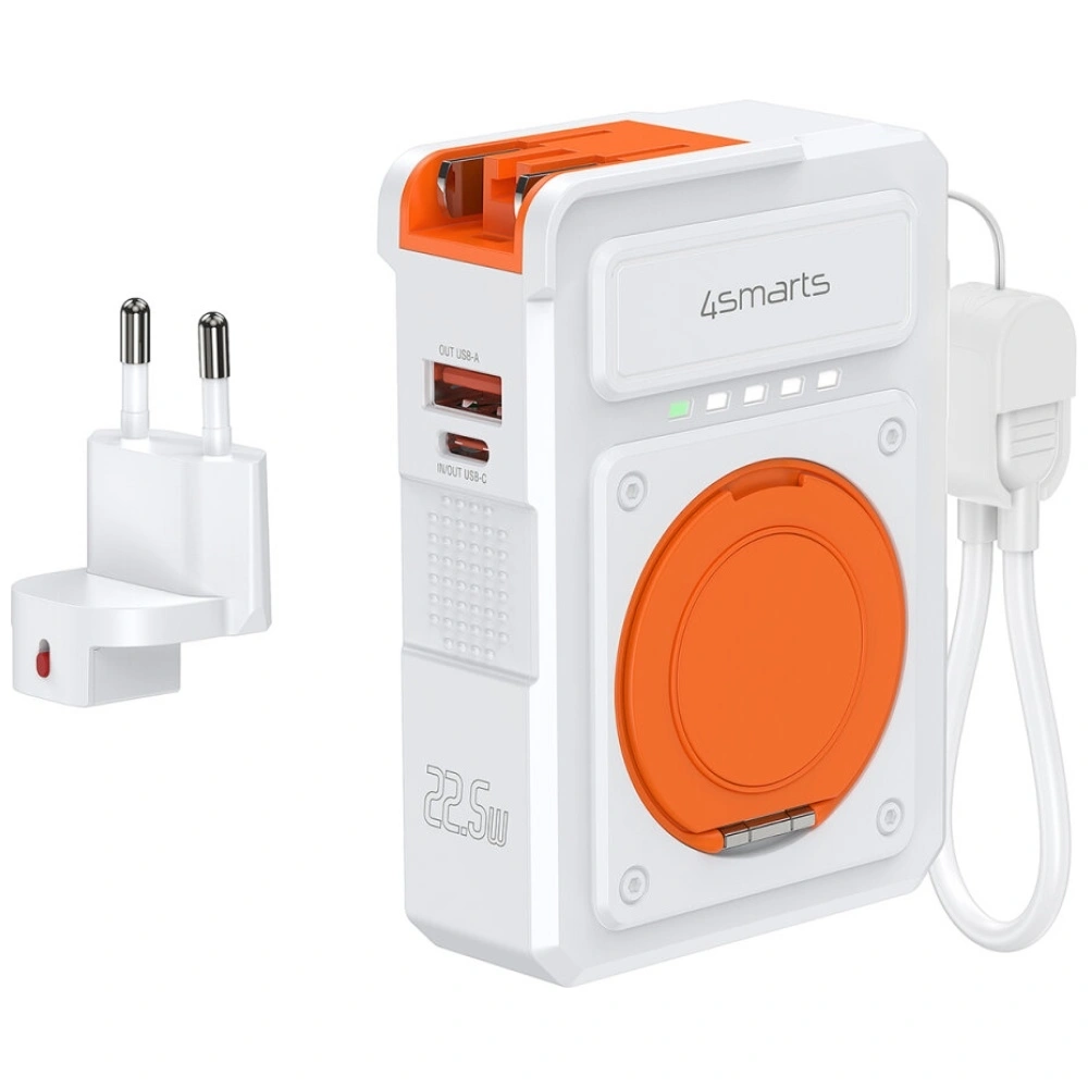 4smarts hybrid charger 6in1 USB-C / USB-A PD 22.5W with a 10000mAh power bank, Qi wireless charging, white USB-C cable
