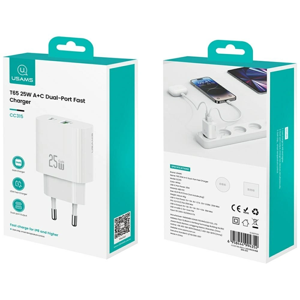 Síťová nabíječka USAMS CC315 T65 25W USB-A, USB-C Fast Charging  White