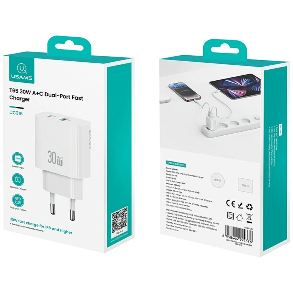 Síťová nabíječka USAMS CC316 T65 30W USB-A, USB-C Fast Charging  White