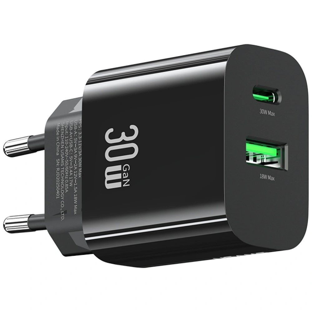 Síťová nabíječka USAMS CC316 T65 30W USB-A, USB-C Fast Charging  black