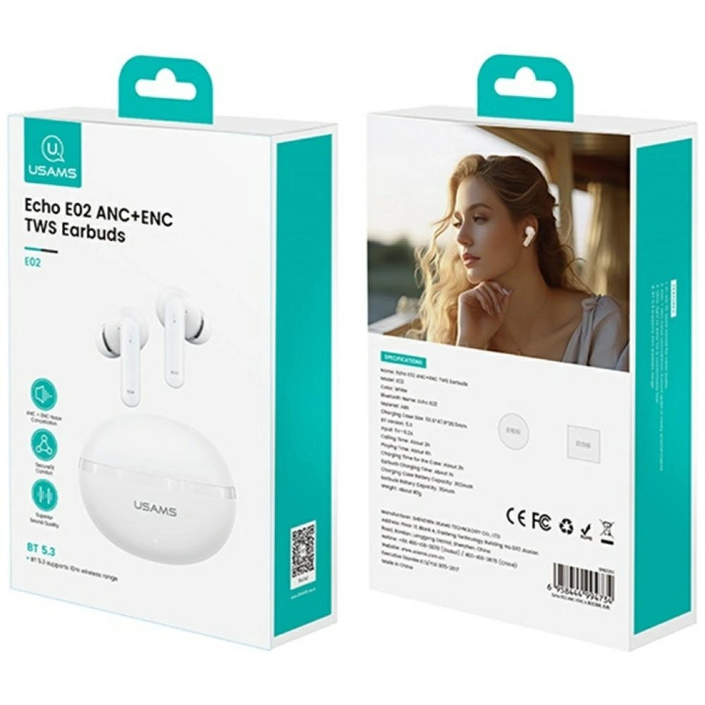 Sluchátka USAMS Echo E02 TWS ANC+ENC Bluetooth 5.3 Wireless In-Ear  (white)