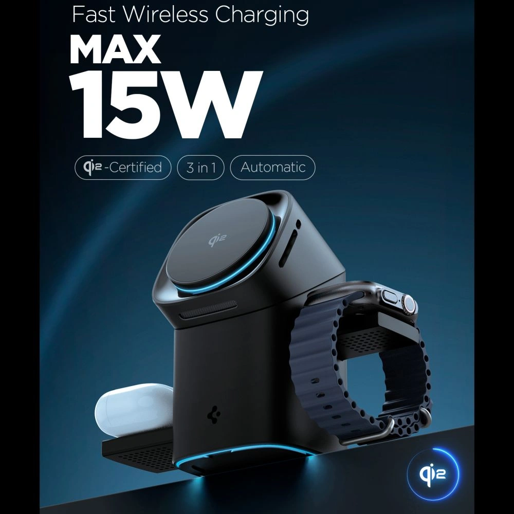 Bezdrátová nabíječka Spigen Essential EF223MS 3in1 Qi2 Rotary Magnetic MagSafe Wireless Charger Black
