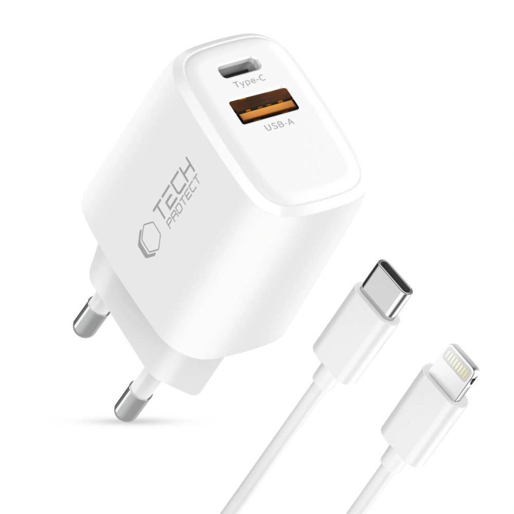 Síťová nabíječka Tech-Protect NCA30 USB-A, USB-C Network Charger PD 30W / QC3.0 + Lightning Cable White