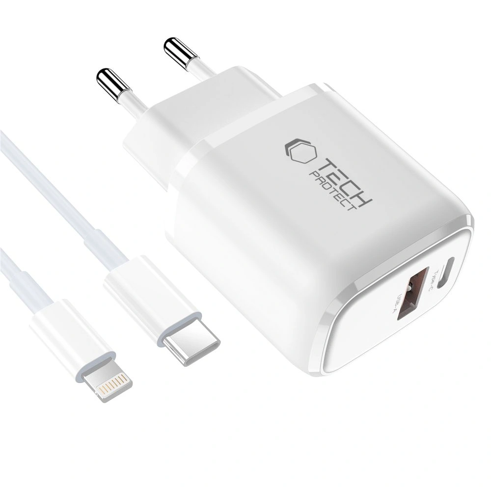 Síťová nabíječka Tech-Protect NCA20 USB-A, USB-C Network Charger PD 20W / QC3.0 + Lightning Cable White