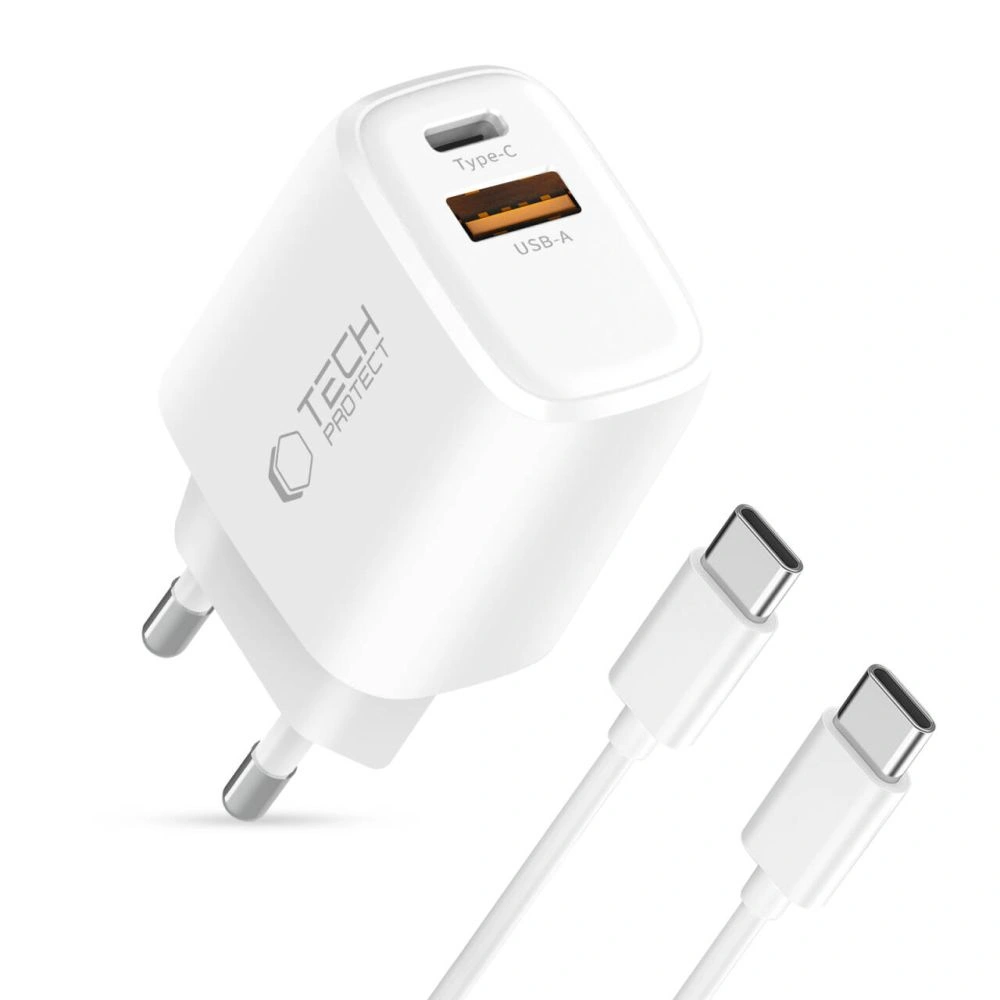 Síťová nabíječka Tech-Protect NCA20 USB-A, USB-C Network Charger PD 20W / QC3.0 + USB-C Cable White
