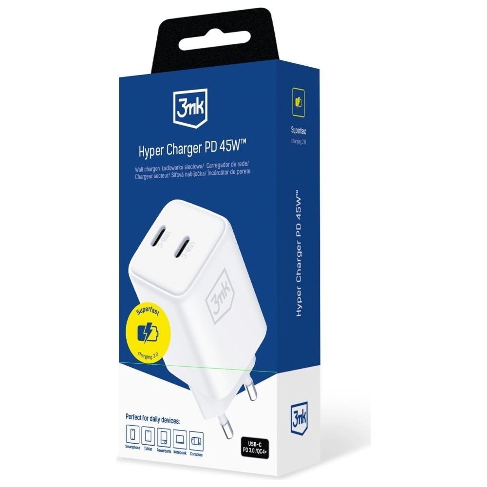 Síťová nabíječka 3MK Hyper Charger PD 45W GaN QC4+ PPS 2C Super-Fast Charge 2.0 white