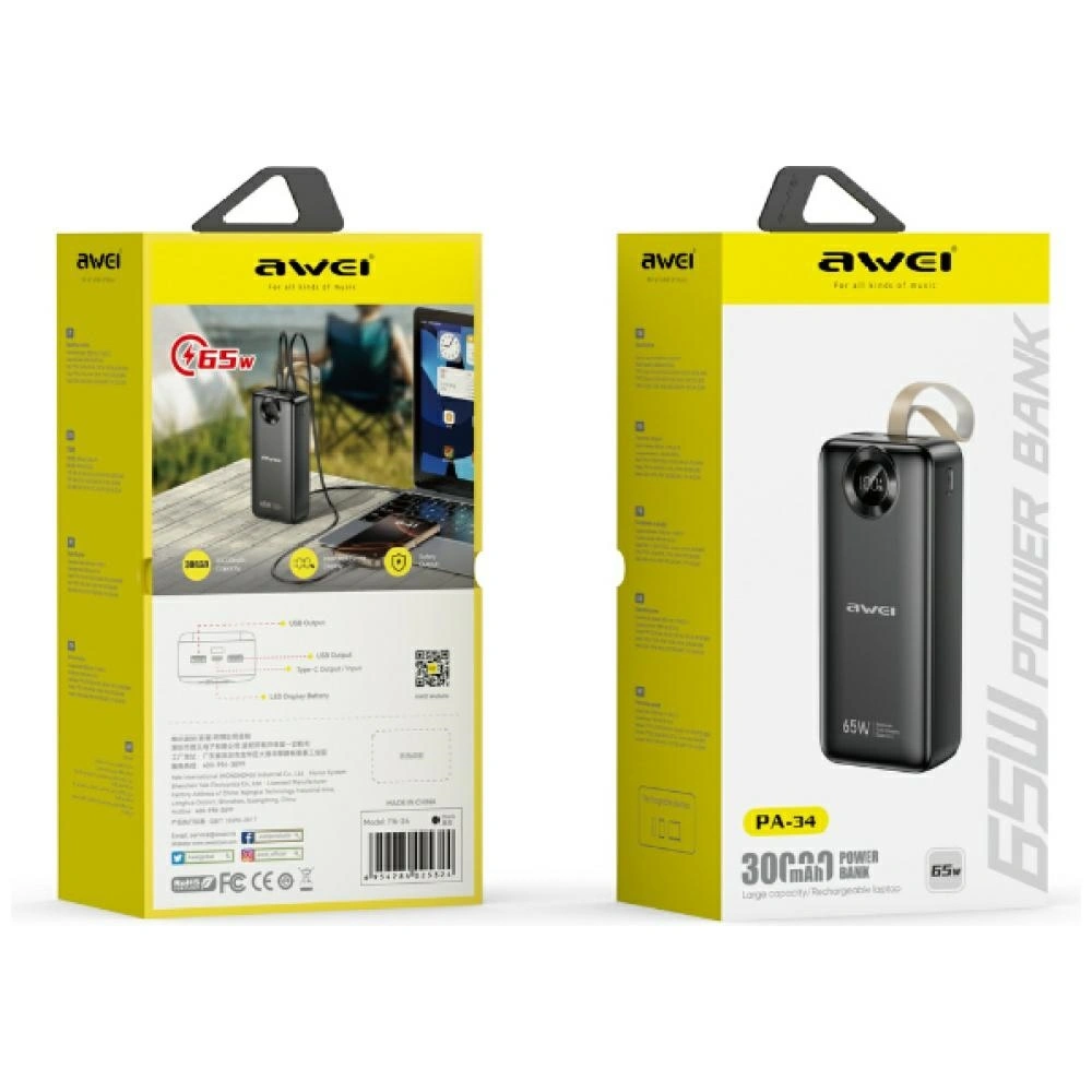 Kryt AWEI PA-34 30000mAh 65W Powerbank Fast charging black