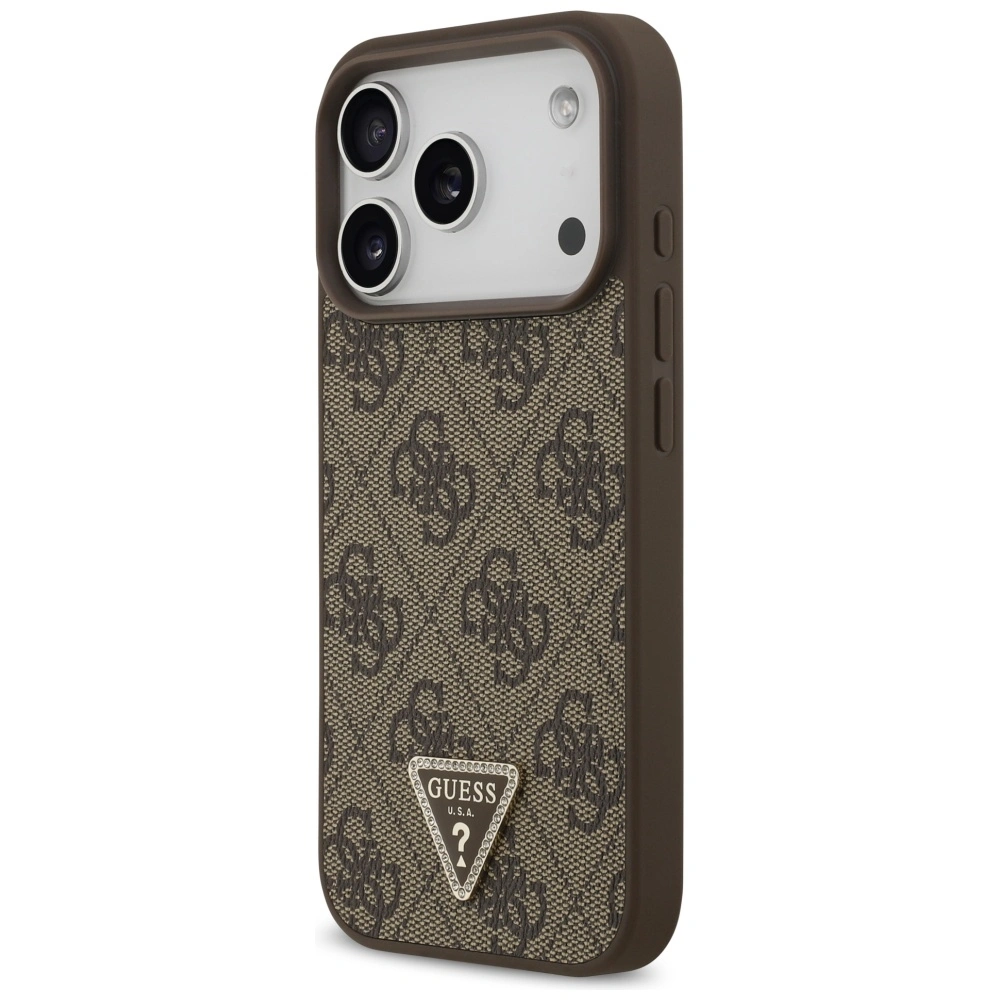 Kryt Guess Leather 4G Triangle Strass MagSafe Apple iPhone 17 Pro brown