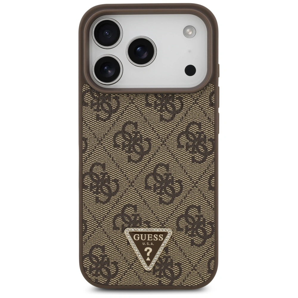 Kryt Guess Leather 4G Triangle Strass MagSafe Apple iPhone 17 Pro brown