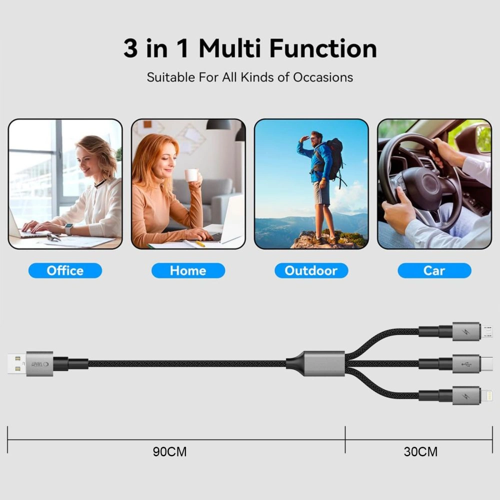 Kryt Tech-Protect Ultraboost Dna 3in1 USB-A / Lightning, USB-C, Micro USB Cable 3a 120cm Iron Grey