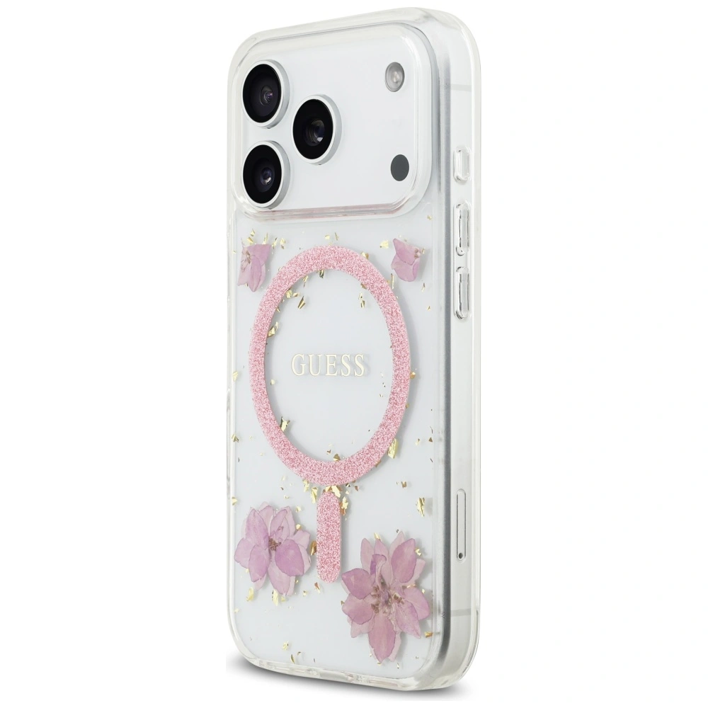 Kryt Guess Resin Flowers Glitter MagSafe Apple iPhone 17 Pro pink