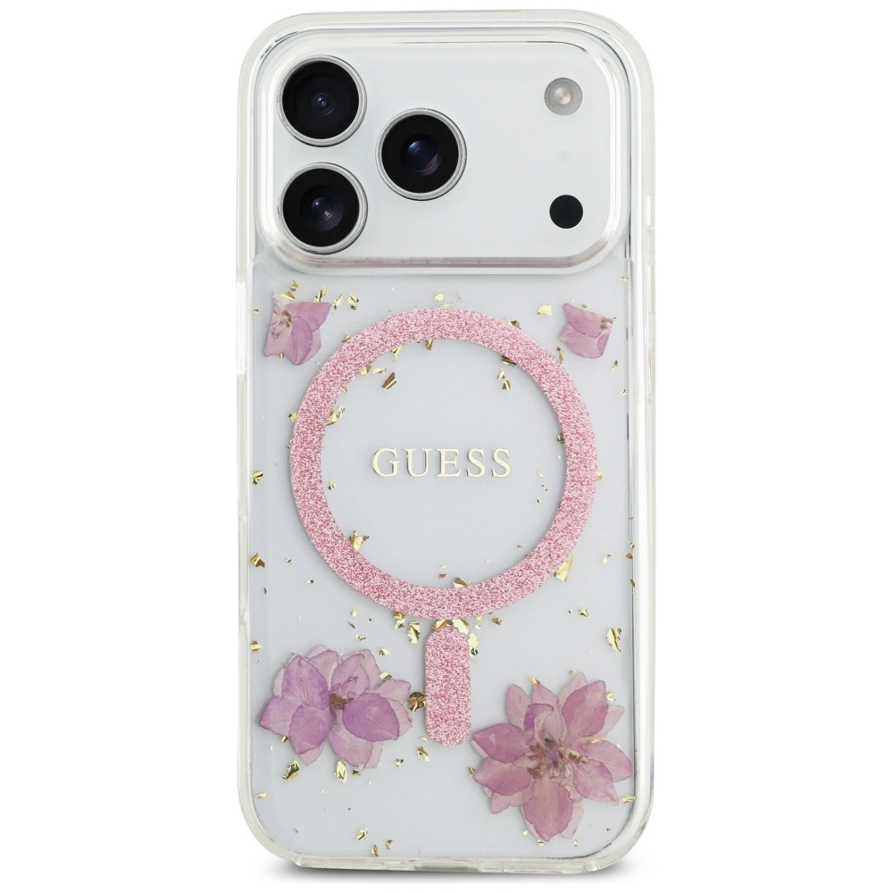 Kryt Guess Resin Flowers Glitter MagSafe Apple iPhone 17 Pro pink