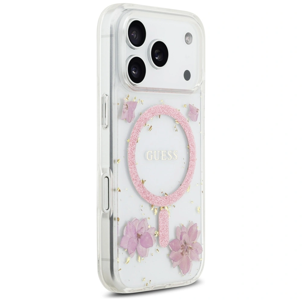 Kryt Guess Resin Flowers Glitter MagSafe Apple iPhone 17 Pro pink