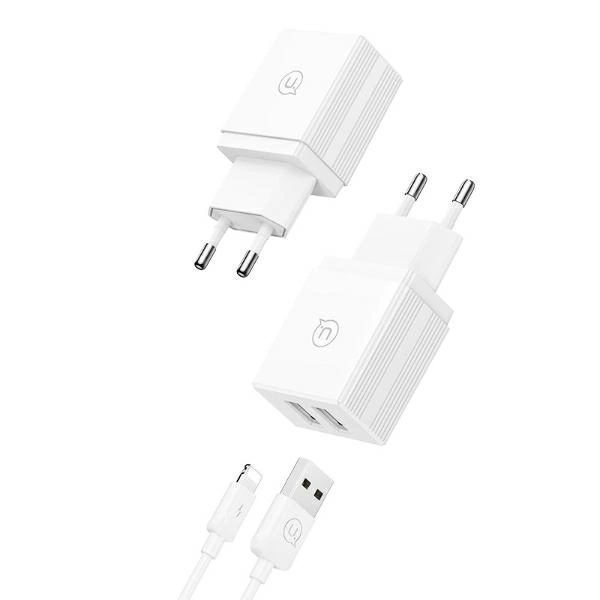 Síťová nabíječka USAMS 2xUSB-A 18W  + USB-A / Lightning Fast Charging Cable White