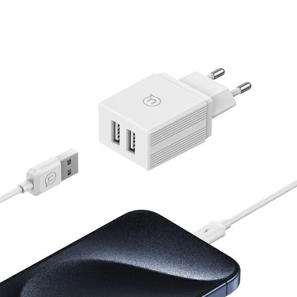 Síťová nabíječka USAMS 2xUSB-A 18W  + USB-A / Lightning Fast Charging Cable White