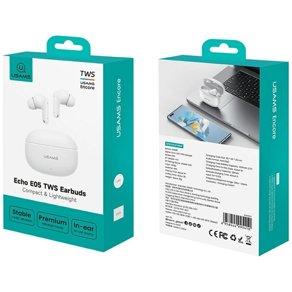 Sluchátka USAMS E05 Wireless In-Ear TWS  Bluetooth 6.0 white