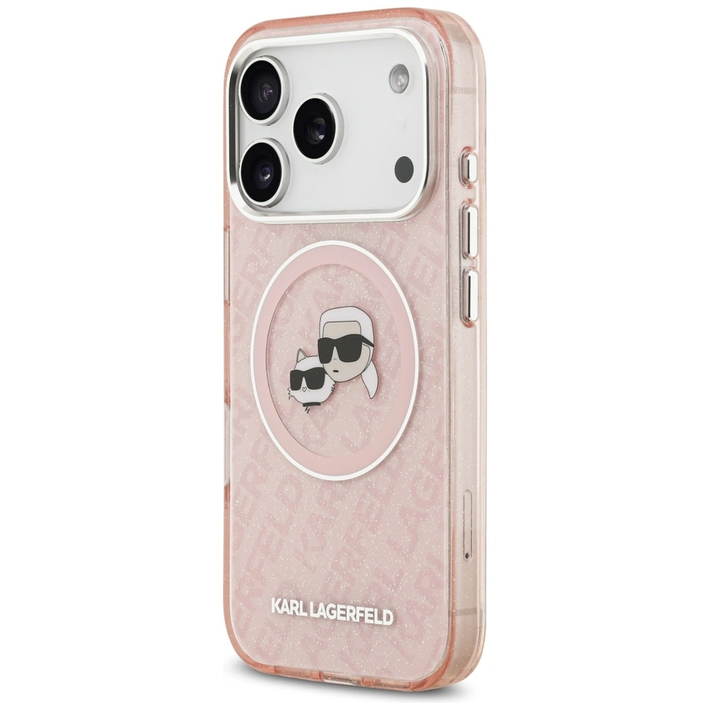 Kryt Karl Lagerfeld IML Glitter Karl & Choupette Heads Logo MagSafe Apple iPhone 17 Pro pink