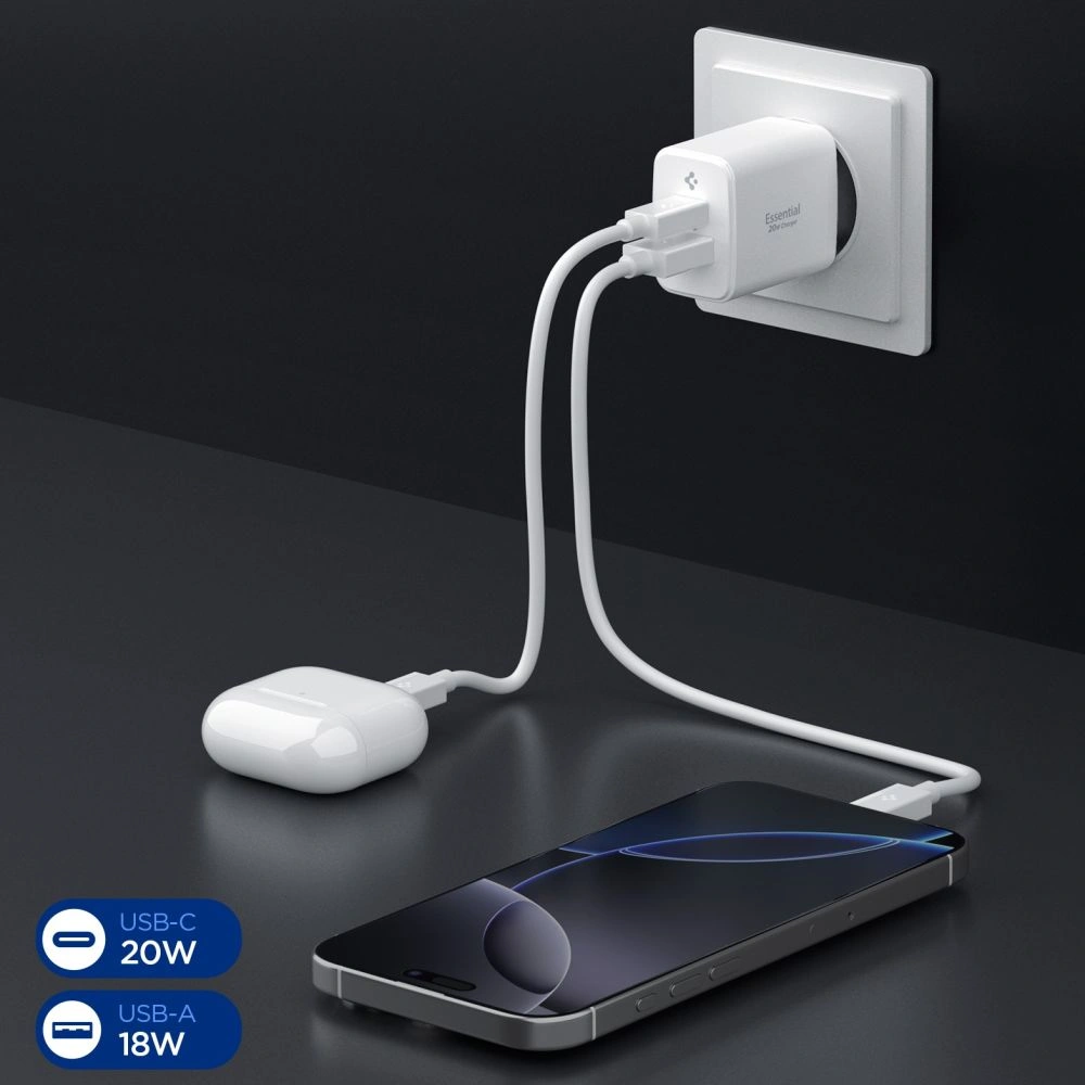 Síťová nabíječka Spigen Essential EE202EU USB-A, USB-C Network Charger 20W White