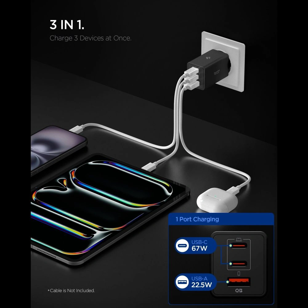 Síťová nabíječka Spigen Essential EE673EU USB-A, 2xUSB-C Network Charger 67W Black