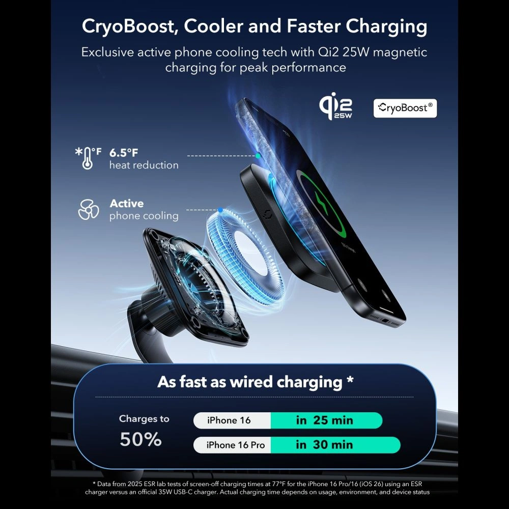 Držák do auta ESR OmniLock Cryoboost Magnetic MagSafe Vent Wireless Charger Qi2.2 25W Black