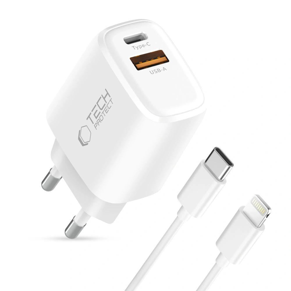 Síťová nabíječka Tech-Protect NNC45W-GAN USB-A, USB-C Network Charger PD 45W / QC3.0 + USB-C / Lightning Cable White