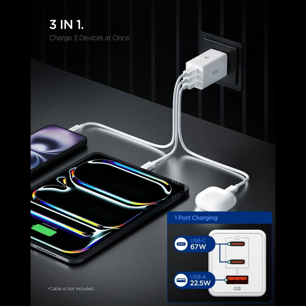 Síťová nabíječka Spigen Essential EE673EU 2xUSB-C, USB-A Network Charger 67W White