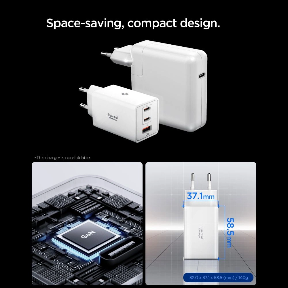 Síťová nabíječka Spigen Essential EE673EU 2xUSB-C, USB-A Network Charger 67W White