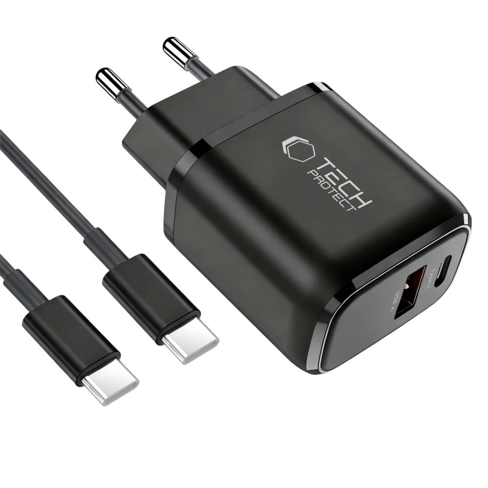 Síťová nabíječka Tech-Protect NCA45W-GAN USB-A, USB-C Network Charger PD 45W / QC3.0 + USB-C Cable Black