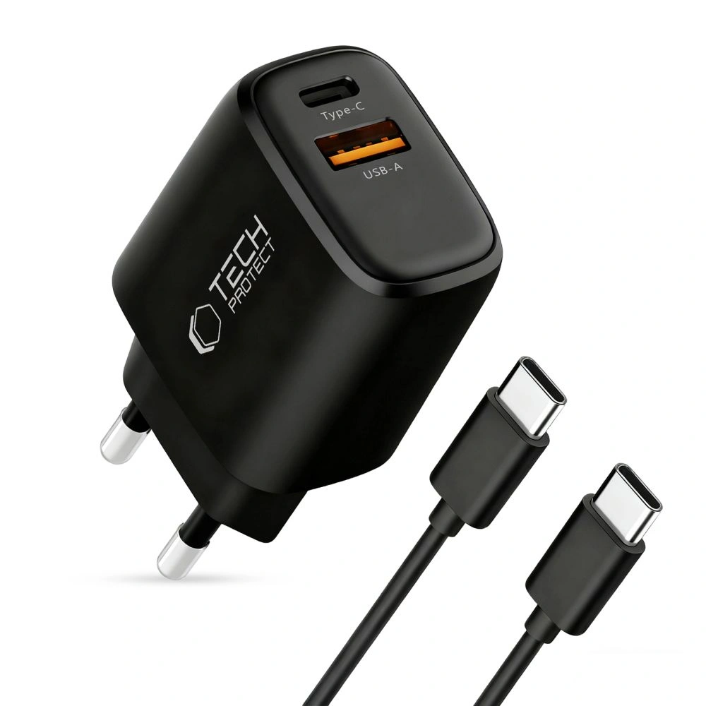 Síťová nabíječka Tech-Protect NCA45W-GAN USB-A, USB-C Network Charger PD 45W / QC3.0 + USB-C Cable Black