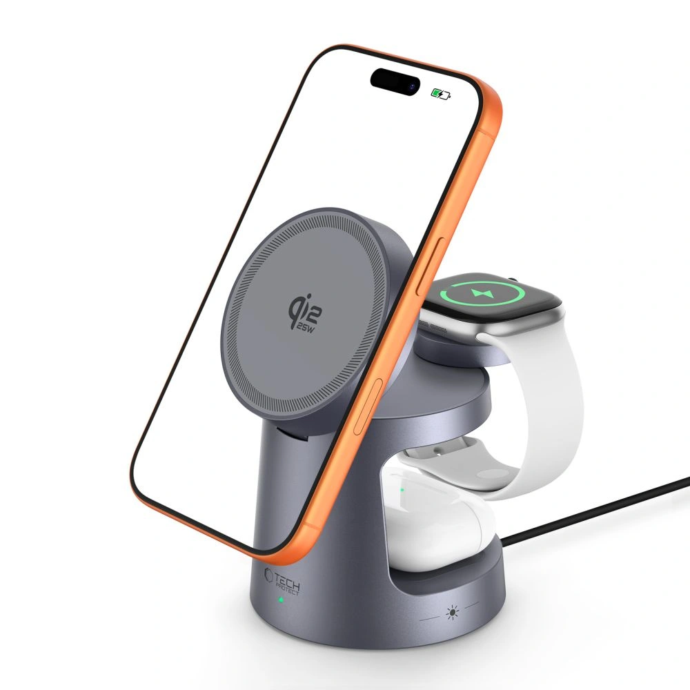 Síťová nabíječka Tech-Protect QI2.2-25W-A48 3in1 Magnetic MagSafe Wireless Charger Dark Grey