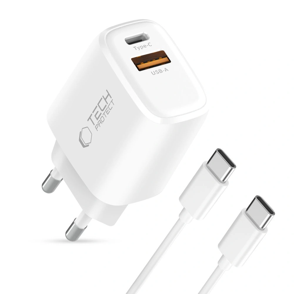 Síťová nabíječka Tech-Protect NCA45W-GAN USB-A, USB-C Network Charger PD 45W / QC3.0 + USB-C Cable White