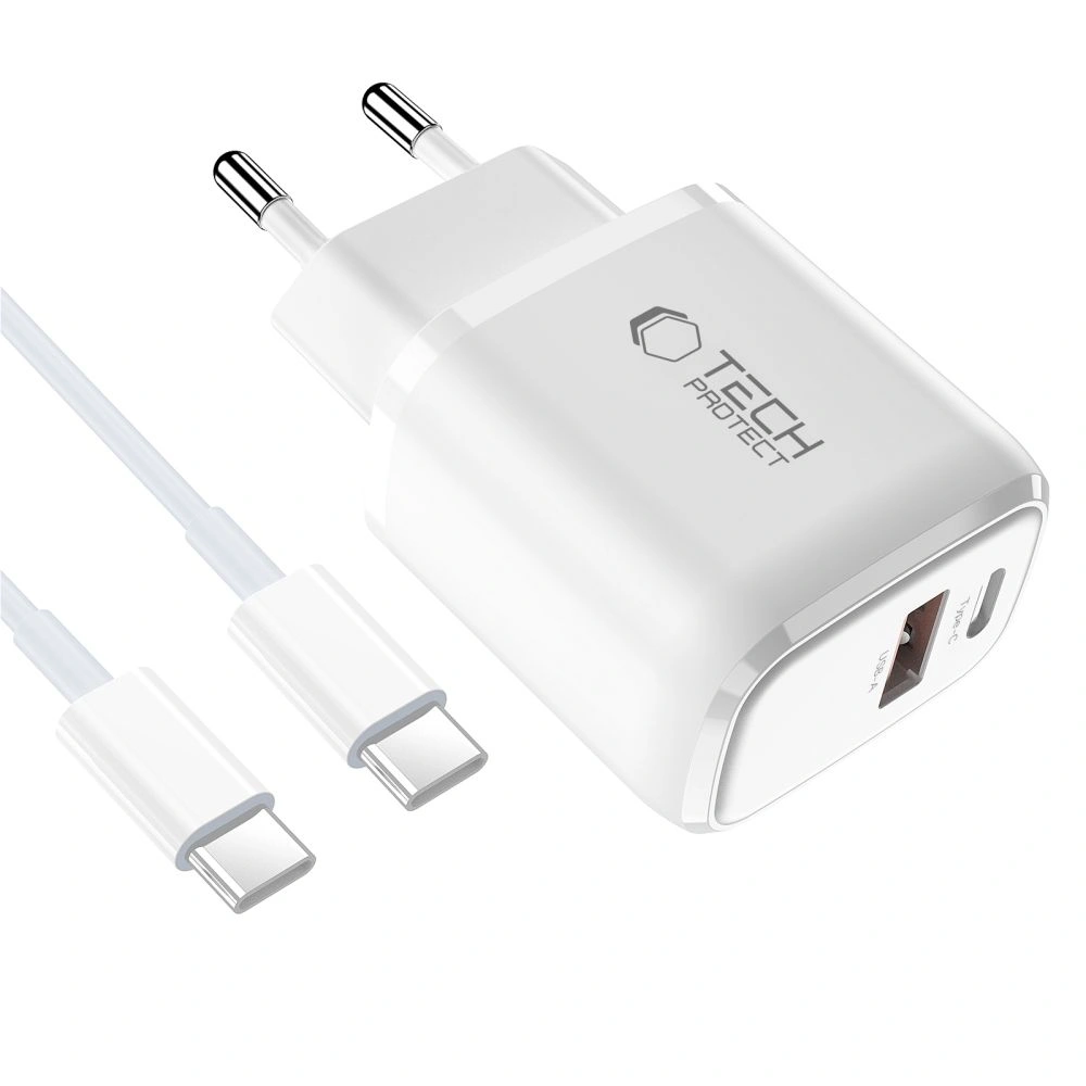 Síťová nabíječka Tech-Protect NCA45W-GAN USB-A, USB-C Network Charger PD 45W / QC3.0 + USB-C Cable White