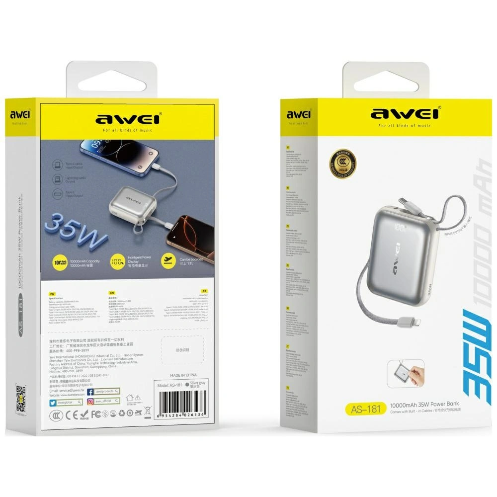 Awei AS-181 Power Bank 10000mAh 35W USB-C + Lightning / USB-C Cables Silver