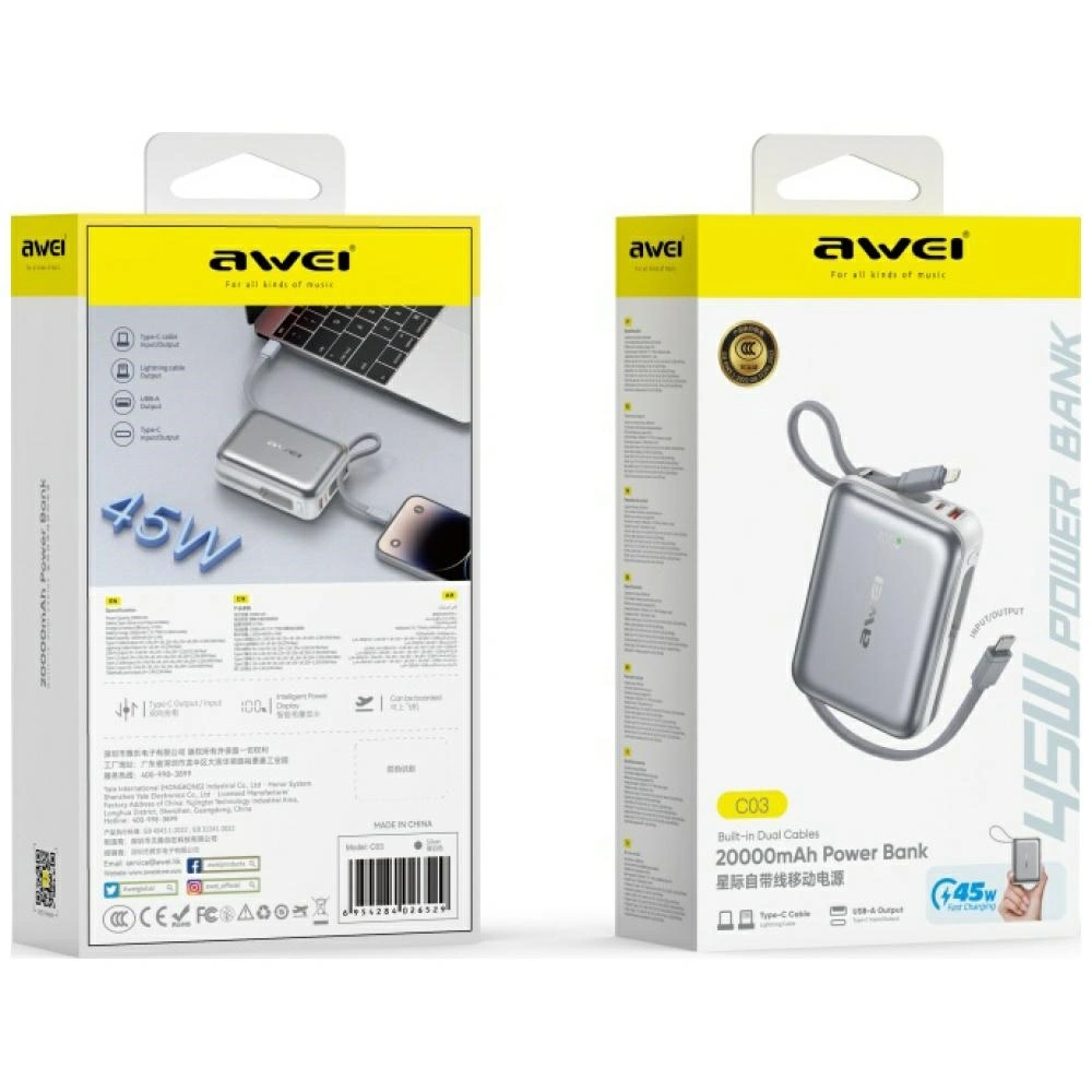 Awei C03 Power Bank 20000mAh 45W USB-A / USB-C + Lightning / USB-C cables silver