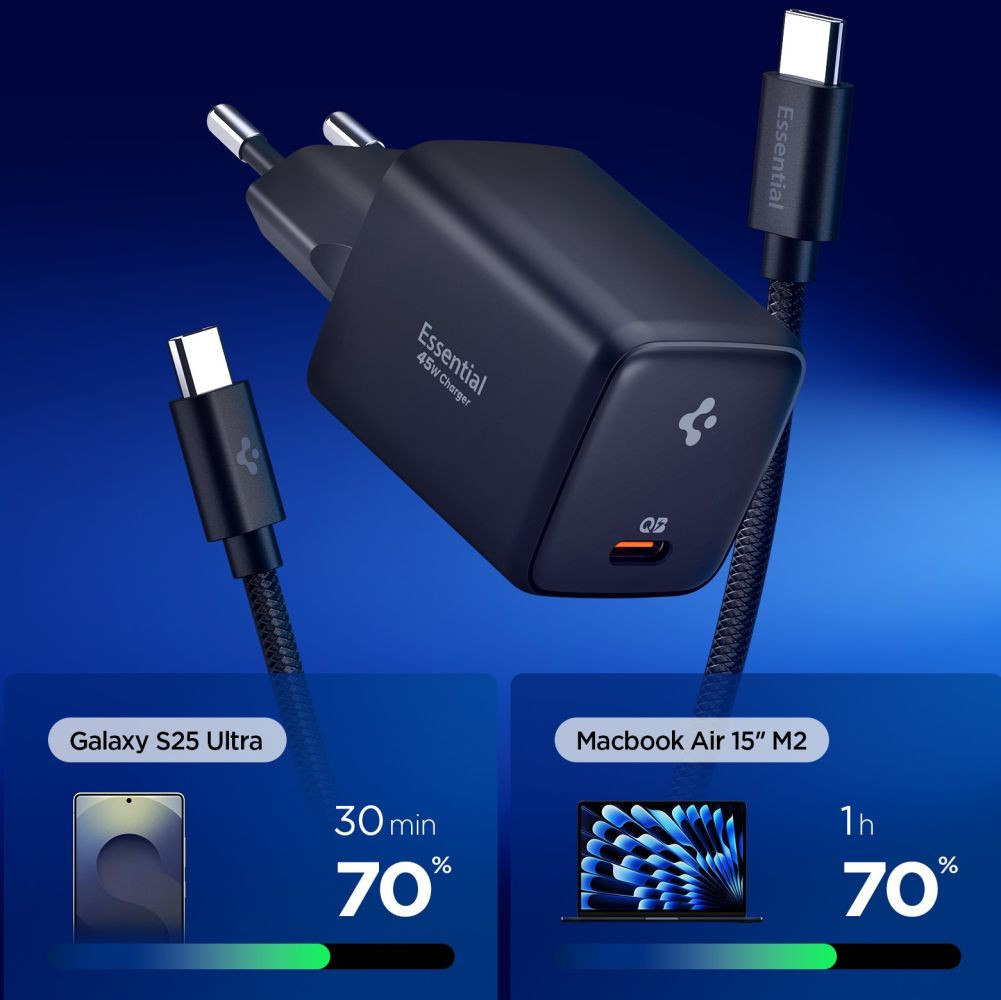 Síťová nabíječka Spigen EE451EU Essential 1-port USB-C Network Charger 45W + USB-C Cable Black