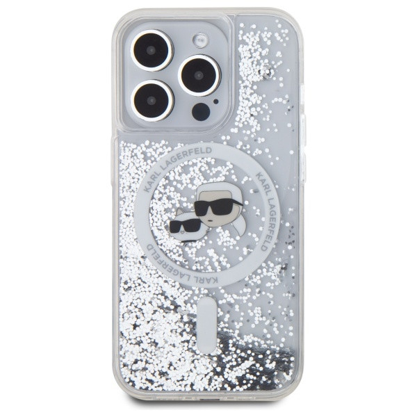 Kryt Karl Lagerfeld Apple iPhone 15 Pro hardcase Liquid Glitter Karl&Choupette Head MagSafe transparent