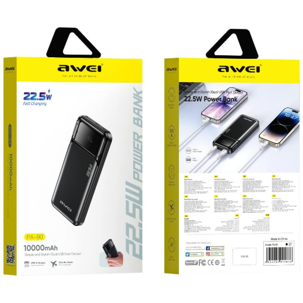 AWEI PA-90 10000mAh Powerbank 22.5W PD 2xUSB-C black