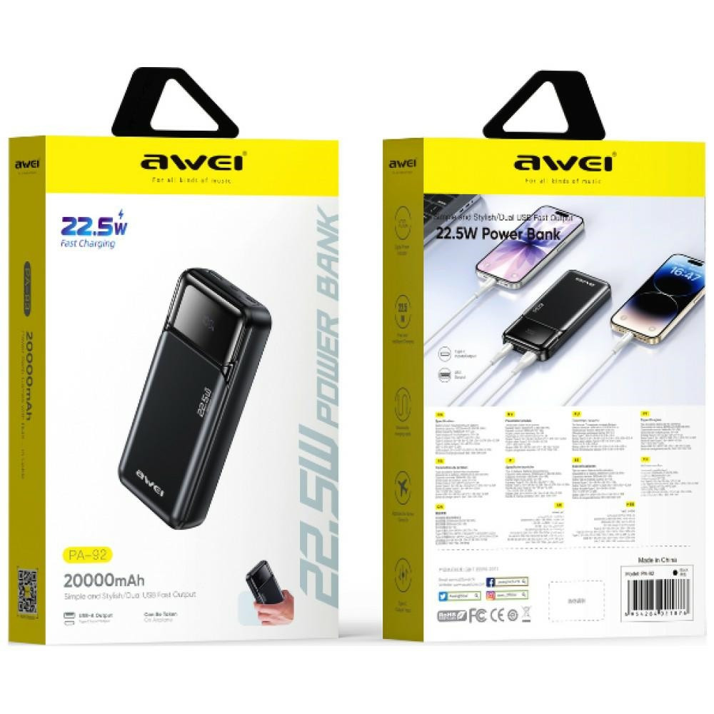 AWEI PA-92 20000mAh Powerbank 22.5W PD 2xUSB-C black