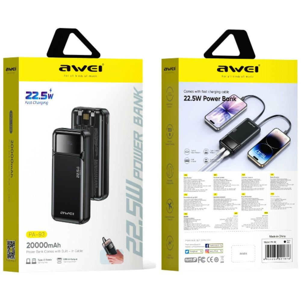 AWEI PA-93 20000mAh Powerbank 22.5W PD 2xUSB-C black + cable