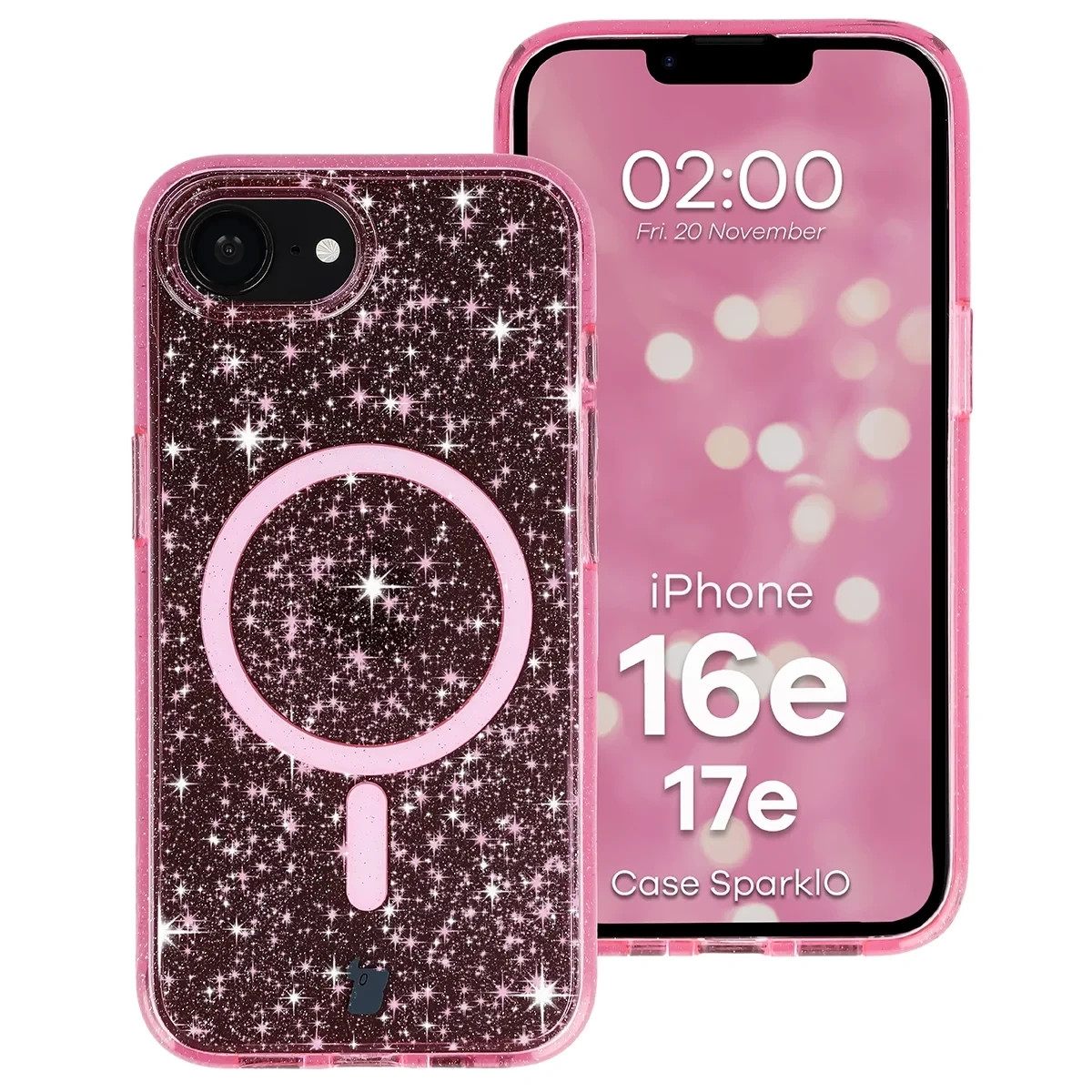 Kryt Bizon Case SparklO Magnetic Apple iPhone 17e / 16e, translucent-pink with glitter
