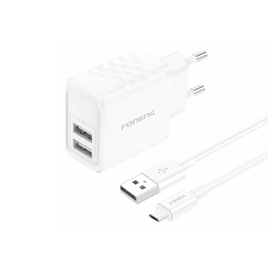 Síťová nabíječka FONENG EU53 2.4A 12W 2xUSB-A + MicroUSB cable, white