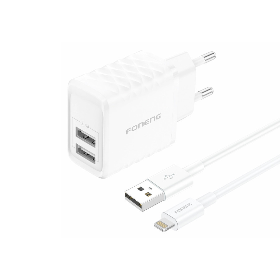 Síťová nabíječka FONENG EU53  2.4A 12W 2xUSB-A + Lightning cable, white