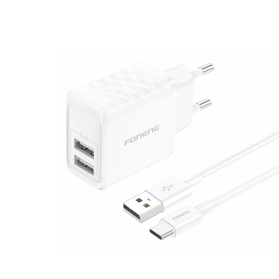 Síťová nabíječka FONENG EU53  2.4A 12W 2xUSB-A + USB-C cable, white