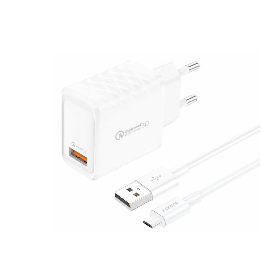 Síťová nabíječka FONENG EU54  18W USB-A QC3.0 + MicroUSB cable, white