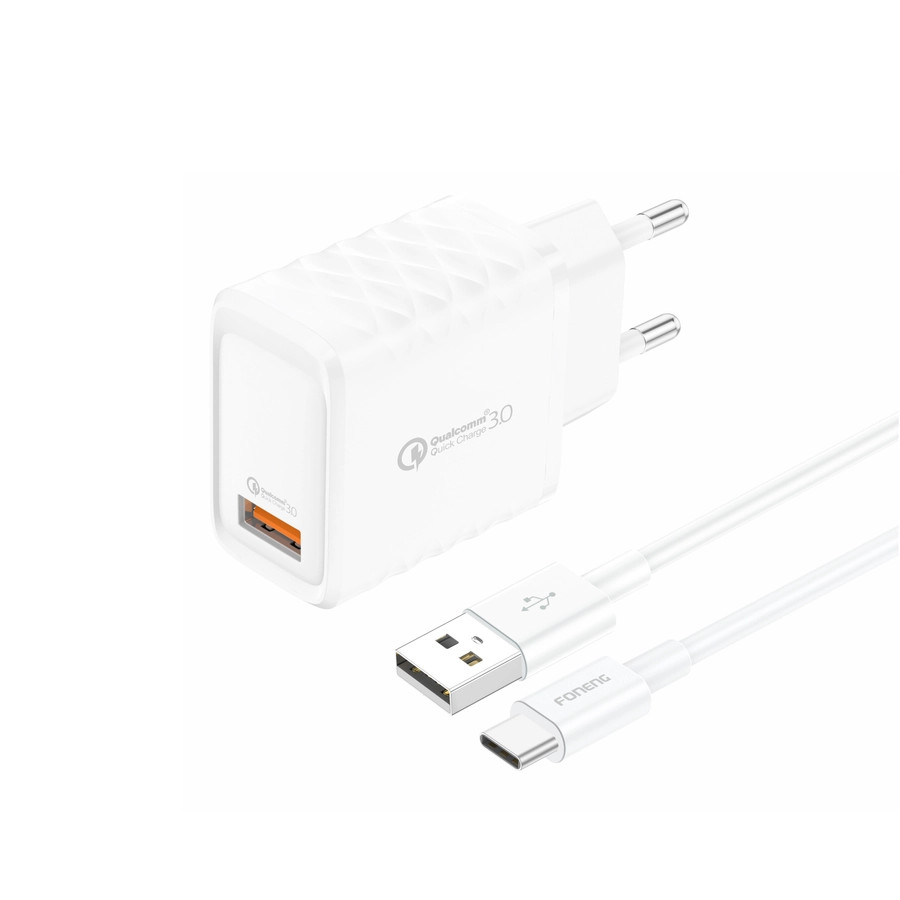 Síťová nabíječka FONENG EU54 18W USB-A QC3.0 + USB-C cable, white