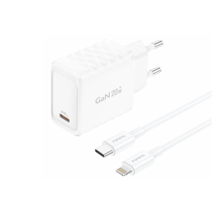 Síťová nabíječka FONENG EU55 GaN PD 20W USB-C + USB-C / Lightning cable, white
