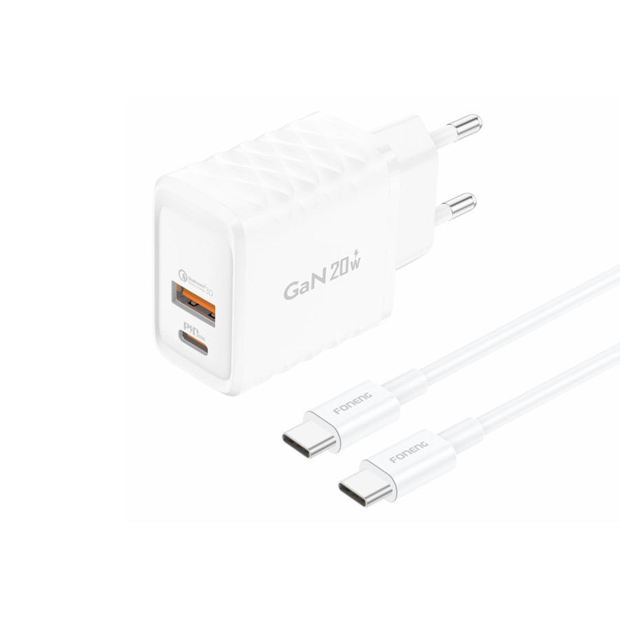 Síťová nabíječka FONENG EU56 GaN PD 20W USB-C + USB-A QC3.0 + USB-C / USB-C cable, white